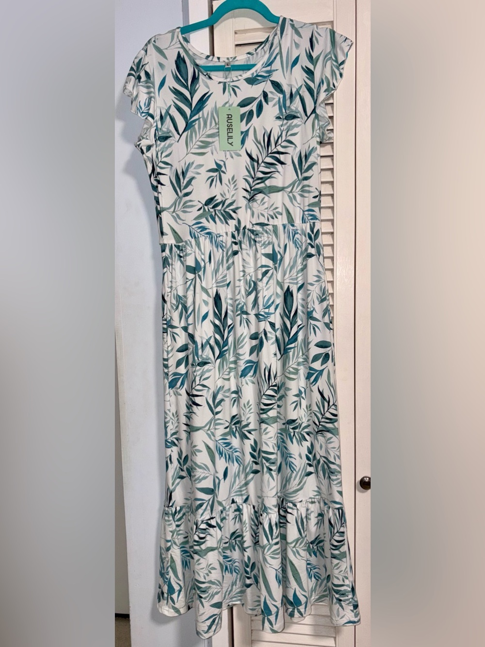 Auselily, Women’s White/teal/green Leaf-Print Maxi dress with pockets,NWT, L